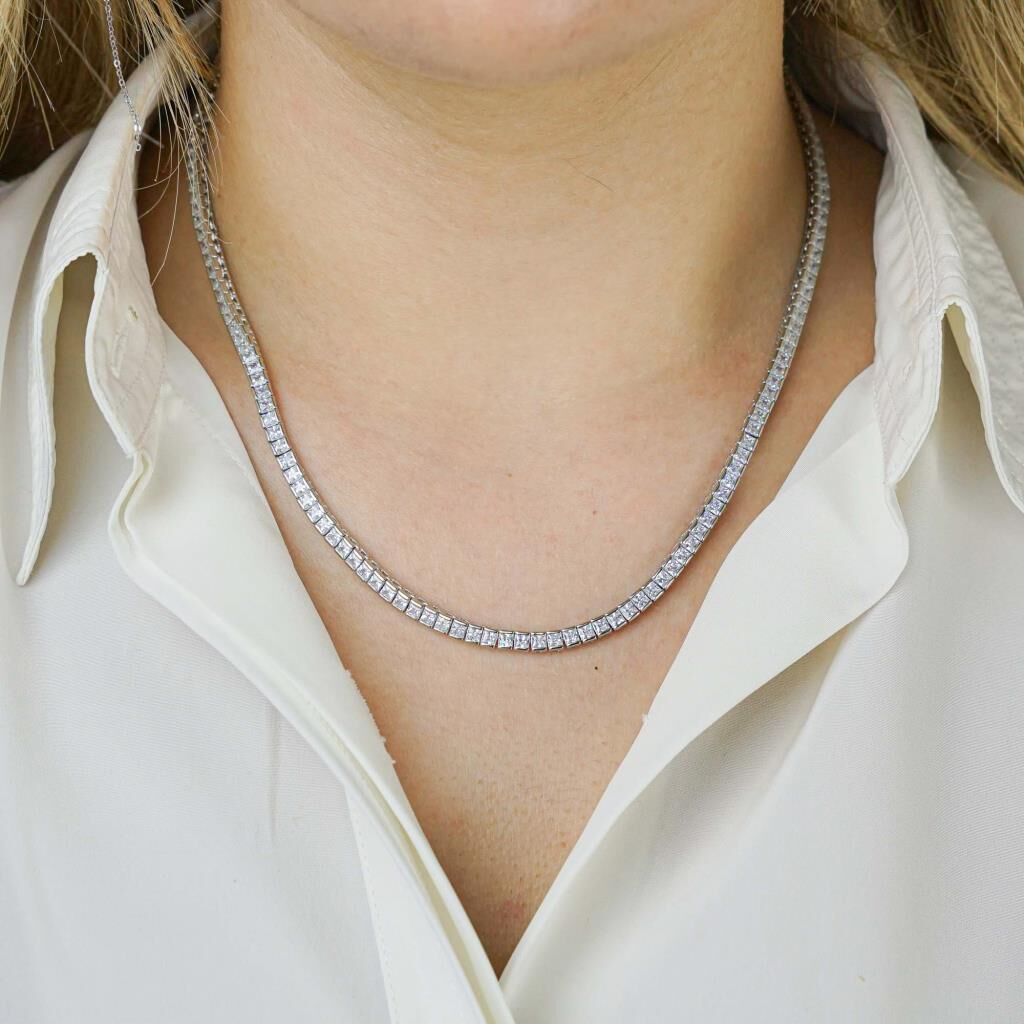 Pırlanta Tasarımlı Kare Model 925 Ayar Gümüş Su Yolu Kolye 50 CM