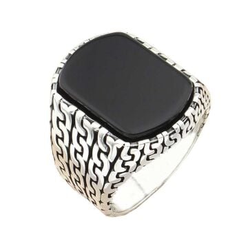 Zincir Motifli Siyah Oniks Taşlı 925 Ayar Gümüş Erkek Yüzük