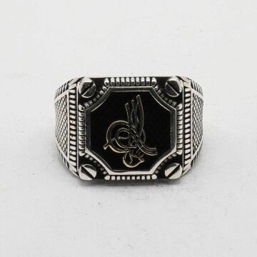 925 Ayar Gümüş Vida Desenli Tuğralı Erkek Yüzüğü