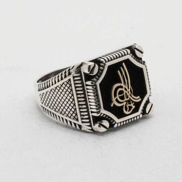 925 Ayar Gümüş Vida Desenli Tuğralı Erkek Yüzüğü