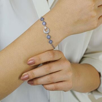 Ay Yıldız Nazar Tasarımlı 925 Ayar Gümüş Kadın Bileklik