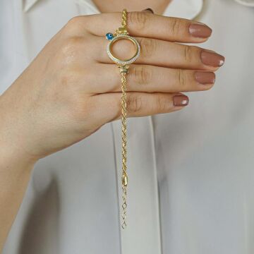 Çeyrek Altın Takmalı Altın Kaplamalı Nazarlı 925 Ayar Gümüş Kadın Bileklik