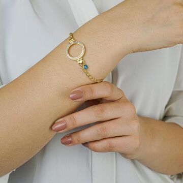 Çeyrek Altın Takmalı Altın Kaplamalı Nazarlı 925 Ayar Gümüş Kadın Bileklik