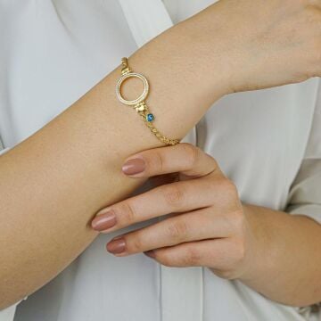 Çeyrek Altın Takmalı Altın Kaplamalı Nazarlı 925 Ayar Gümüş Kadın Bileklik