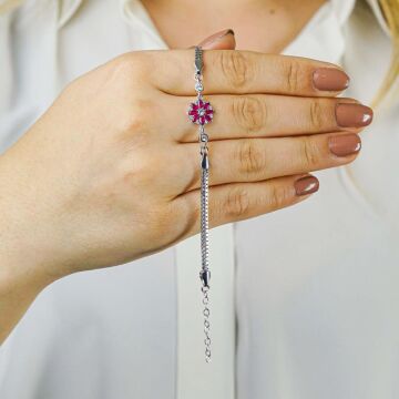 Kırmızı Çiçek Tasarımlı 925 Ayar Gümüş Kadın Bileklik