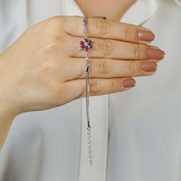 Kırmızı Lotus Çiçeği Tasarımlı 925 Ayar Gümüş Kadın Bileklik