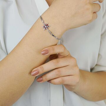 Kırmızı Lotus Çiçeği Tasarımlı 925 Ayar Gümüş Kadın Bileklik