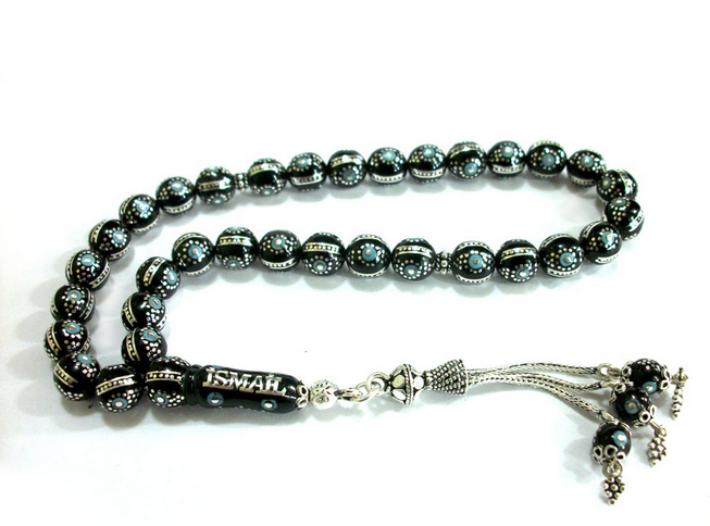 925 Ayar Gümüş Özel Torna İşçilikli Firuze Oltu Taşı Tesbih