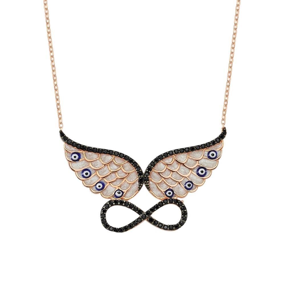 Siyah Nano Taşlı Melek Kanatlı Sonsuzluk Gümüş Kolye Rose Renk