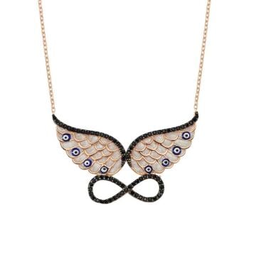 Siyah Nano Taşlı Melek Kanatlı Sonsuzluk Gümüş Kolye Rose Renk