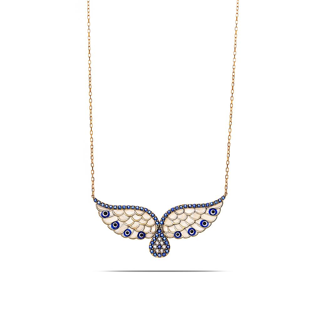 Melek Kanatlı Nazar Boncuğu Tasarımlı 925 Ayar Gümüş Kolye Rose Renk