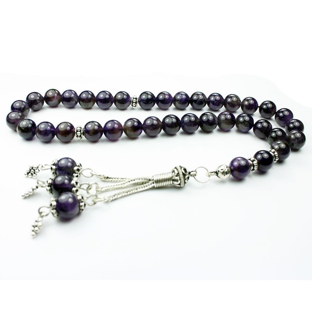 925 Ayar Gümüş % 100 Doğal Ametist Taşı Tesbih