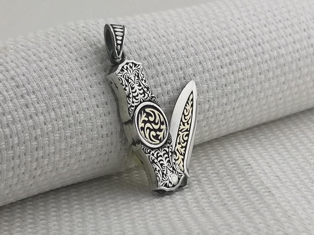 Çakı Bıçak Tasarımlı Özel İşlemeli 925 Ayar Gümüş Kolye Ucu