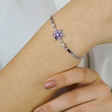 Mor Lotus Çiçeği Tasarımlı 925 Ayar Gümüş Kadın Bileklik