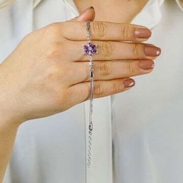 Mor Lotus Çiçeği Tasarımlı 925 Ayar Gümüş Kadın Bileklik