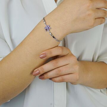 Mor Lotus Çiçeği Tasarımlı 925 Ayar Gümüş Kadın Bileklik