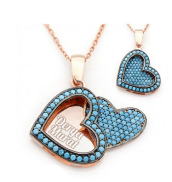 İsim Yazılı Kalpli Turkuaz Nano Taşlı Gümüş Bayan Kolye