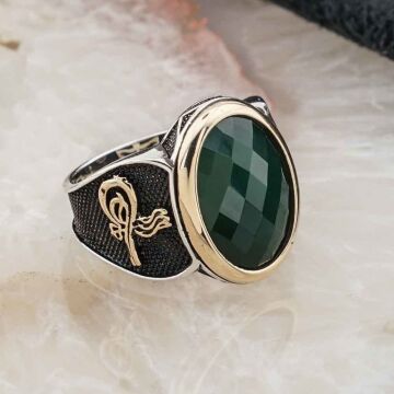 925 Ayar Gümüş Yeşil Zirkon Taşlı Tuğra Detaylı Erkek  Yüzük