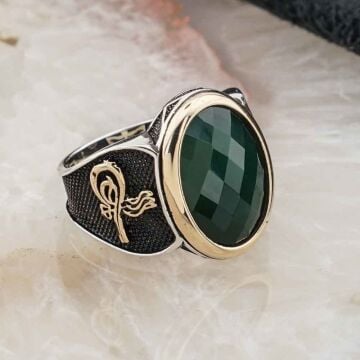 925 Ayar Gümüş Yeşil Zirkon Taşlı Tuğra Detaylı Erkek  Yüzük