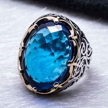 Açık Mavi Zirkon Taşlı Taç Desenli Gümüş Yüzük Model 3