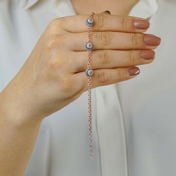 Nazar Boncuğu Tasarımlı Rose Renk 925 Ayar Gümüş Kadın Bileklik