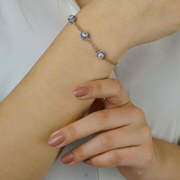 Nazar Boncuğu Tasarımlı Rose Renk 925 Ayar Gümüş Kadın Bileklik