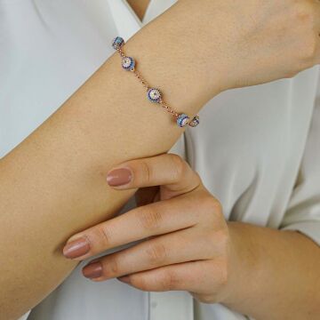 Nazar Boncuğu Tasarımlı Rose Renk 925 Ayar Gümüş Kadın Bileklik