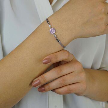 Pembe Çiçek Tasarımlı 925 Ayar Gümüş Kadın Bileklik