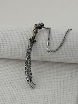 La Feta İlla Ali La Seyfe İlla Zülfikar Yazılı Yeşil Taşlı 925 Ayar Gümüş Kolye