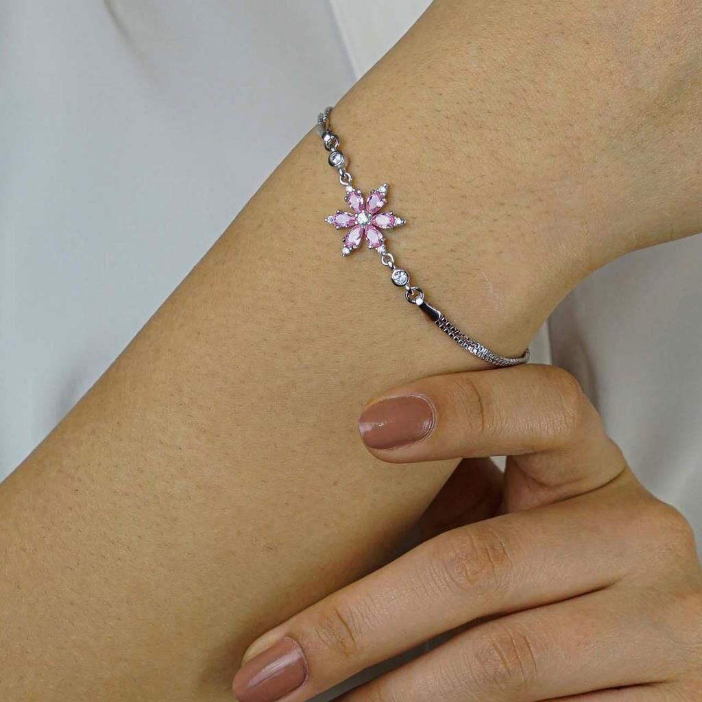 Pembe Lotus Çiçeği Tasarımlı 925 Ayar Gümüş Kadın Bileklik