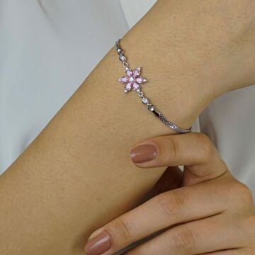 Pembe Lotus Çiçeği Tasarımlı 925 Ayar Gümüş Kadın Bileklik