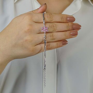Pembe Lotus Çiçeği Tasarımlı 925 Ayar Gümüş Kadın Bileklik
