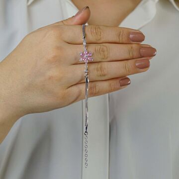 Pembe Lotus Çiçeği Tasarımlı 925 Ayar Gümüş Kadın Bileklik