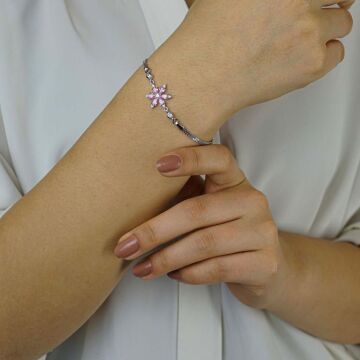 Pembe Lotus Çiçeği Tasarımlı 925 Ayar Gümüş Kadın Bileklik