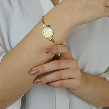 Tuğra Tasarımlı Pullu Zincirli Nazarlı 925 Ayar Gümüş Kadın Bileklik