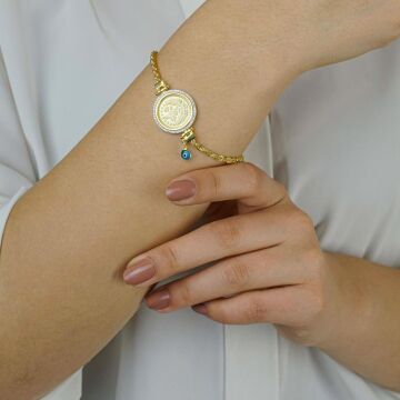 Tuğra Tasarımlı Halat Zincirli Nazarlı Altın Kaplamalı 925 Ayar Gümüş Kadın Bileklik