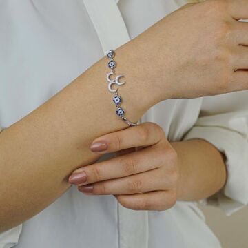 Üç Hilal Tasarımlı Nazar Detaylı 925 Ayar Gümüş Kadın Bileklik