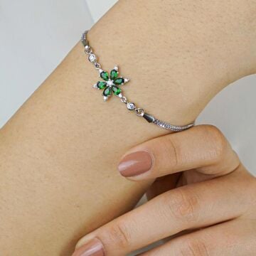 Yeşil Lotus Çiçeği Tasarımlı 925 Ayar Gümüş Kadın Bileklik