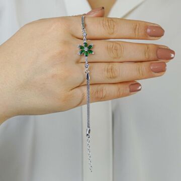 Yeşil Lotus Çiçeği Tasarımlı 925 Ayar Gümüş Kadın Bileklik