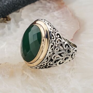 925 Ayar Gümüş Yeşil Zirkon  Taşlı Erkek Yüzük