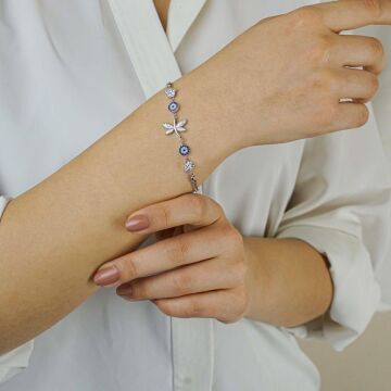 Yusufcuk Tasarımlı Çiçek Nazar Detaylı 925 Ayar Gümüş Kadın Bileklik