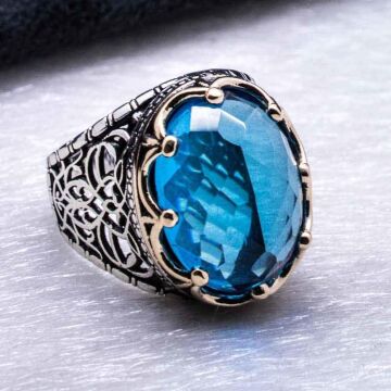 Açık Mavi Zirkon Taşlı Kral Tacı Erkek Gümüş Yüzük