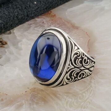 Bombeli Mavi Oval  Taşlı Gümüş  Erkek Yüzük