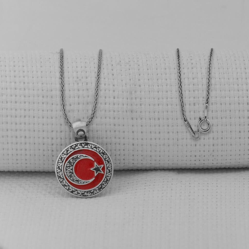 Gravür İşlemeli 925 Ayar Gümüş Küçük Boy Ay Yıldız Kolye
