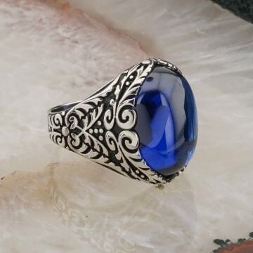 925 Ayar Gümüş  Bombeli Mavi Oval Taşlı Erkek Yüzük