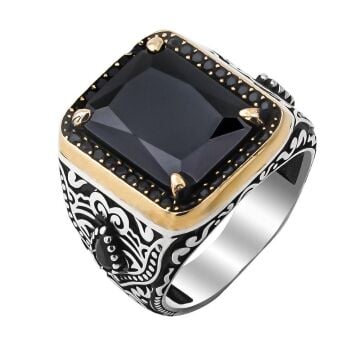Siyah Zirkon Taşlı İşlemeli 925 Ayar Gümüş Erkek Yüzük