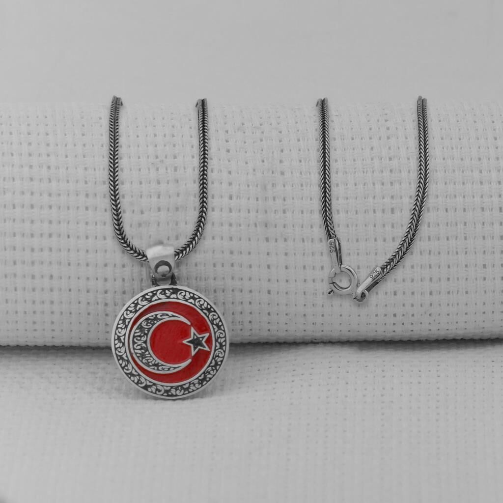 Gravür İşlemeli 925 Ayar Erkek Gümüş Küçük Boy Ay Yıldız Kolye