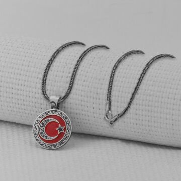 Gravür İşlemeli 925 Ayar Erkek Gümüş Küçük Boy Ay Yıldız Kolye