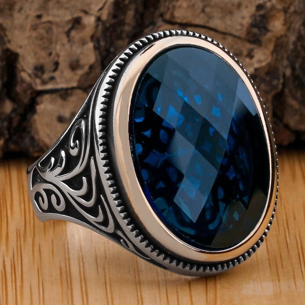 Mavi Oval Zirkon Taşlı 925 Ayar Gümüş Erkek Yüzük