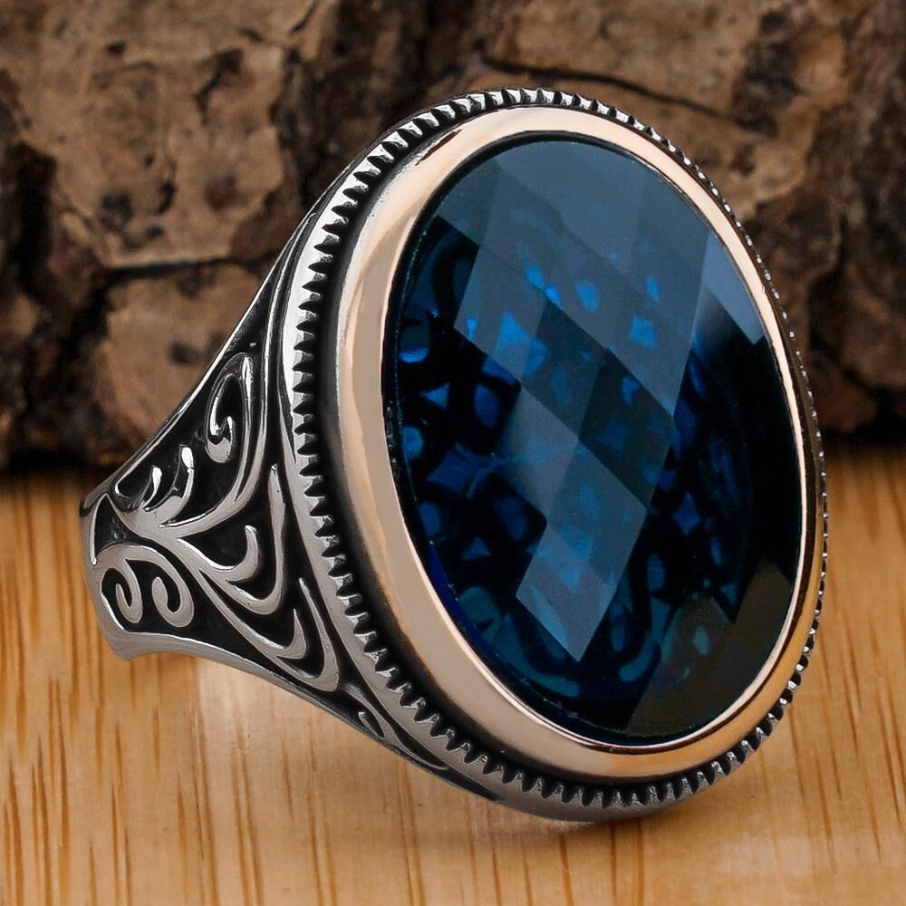 Mavi Oval Zirkon Taşlı 925 Ayar Gümüş Erkek Yüzük